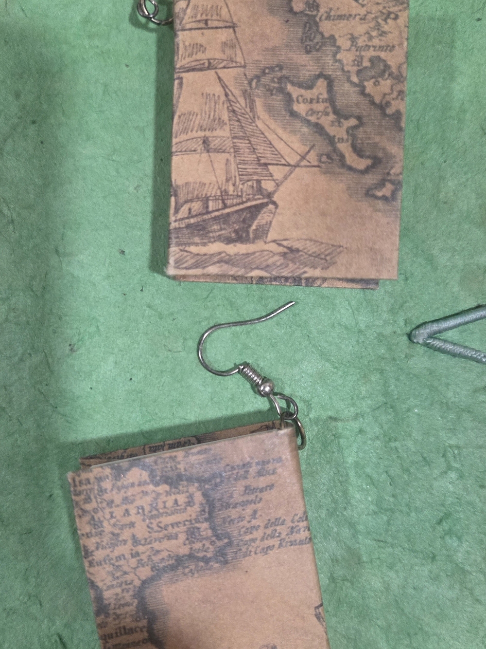 Vintage Map Print Rectangular Drop Earrings - Brown